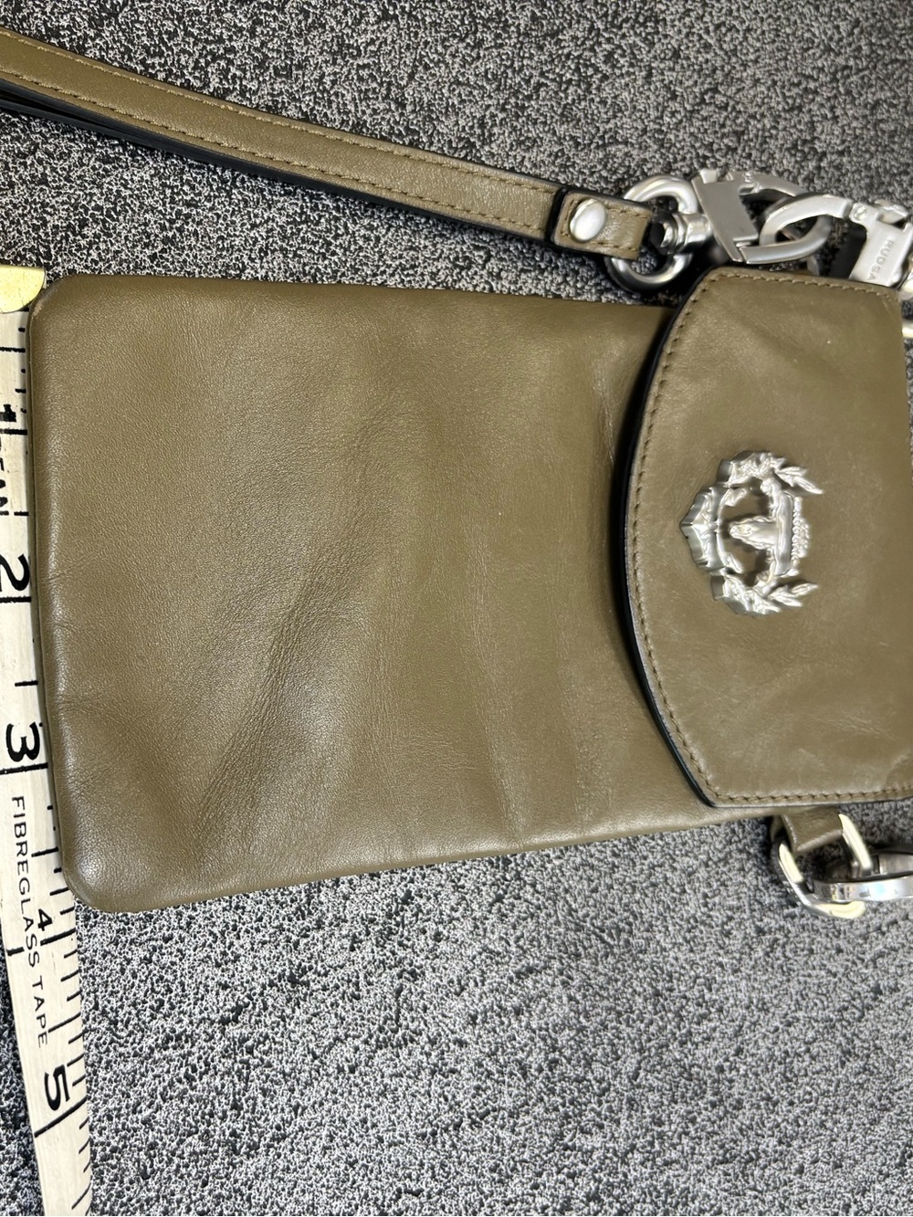 RUDSAK Olive Green Leather Crossbody Phone Pouch with Silver Hardware